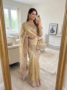 Designer Embroidery Sequence Coding Work And Thread Work In Border Fandy Satin <b>Saree</b> With Running Embroidery Work Blouse Piece - Product Image 3