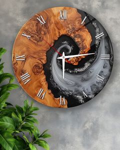 Handmade Wooden Wall Clock with Epoxy Resin – Live Edge Wood & <b>Mirror</b> <b>Acrylic</b> Numbers, Modern Natural Home Decor Handcrafted - Product Image 3