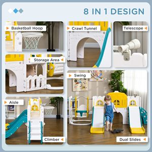 Set Altalena Giallo 8-in-1 per Bambini con Doppia Scivoliera, Canestro da Basket, Struttura per Arrampicata e Telescopio, per Età 1-3 Anni, Attrezzatura da Gioco per Esterni - Product Image 4