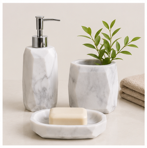 Ensemble d'accessoires de salle de bain hexagonaux modernes en marbre blanc, 3 pièces, distributeur de savon en pierre naturelle, porte-brosse à dents et porte-savon - Product Image 3