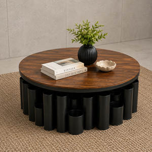 <b>Modern</b> Round <b>Coffee</b> <b>Table</b> Wood Top with <b>Black</b> Metal Tube Base for Living Room Home Office Lounge Interior Furniture Decor - Product Image 6