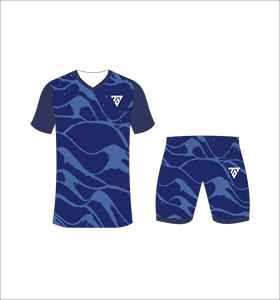 Custom Sublimated Plus Size Adult Soccer Uniform Set for <b>Men</b> with Navy Blue and Light Blue Wavy <b>Pattern</b> Jersey Matching <b>Shorts</b> - Product Image 6