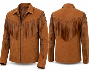 <b>Mens</b> Tan <b>Brown</b> Suede <b>Leather</b> Beaded <b>Jacket</b> Handmade Western Cowboy Style Coat - Product Image 2