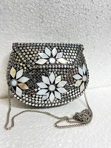 Metal Evening Clutch Bag with <b>Silver</b>-Plated Frame Round Shape-FAIZA CRAFT Custom Color <b>Handbag</b> for Home Decor & Gifts - Product Image 2