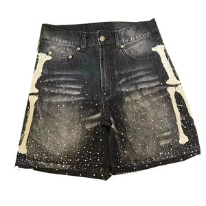 Shorts en jean pour hommes, coupe droite, respirants, décontractés, confortables, avec broderies et strass, vente en gros - Product Image 1