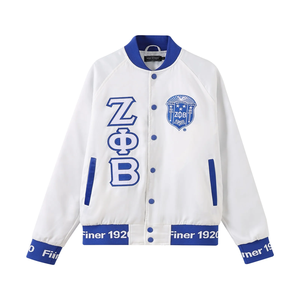 Chaqueta Bomber de Satén de Invierno Zeta Phi Beta para Hombre, Blanca y Azul, con Letras Bordadas de la Hermandad Griega, Fabricante OEM Personalizado - Product Image 1