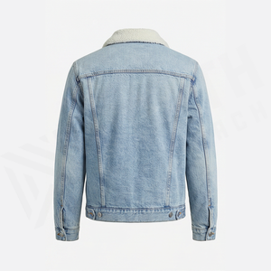Light Blue Denim <b>Jacket</b> With Shearling Collar Regular Fit Stonewashed Cotton Casual Autumn Style Men's <b>Jacket</b> - Product Image 2