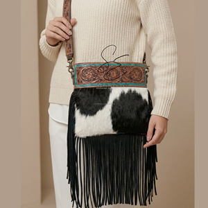 Bolso Bandolera de Cuero con Flecos de Pelo de Cabra Estilo Vaquero 2026, Bolso Cruzado de Cuero Repujado Turquesa para Mujer, Bolso Rústico de Vaquera - Product Image 4