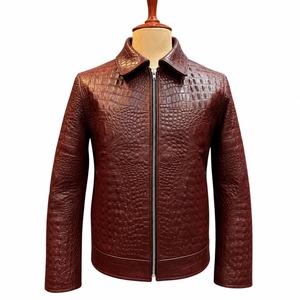 Men's Crocodile Embossed Genuine <b>Leather</b> <b>Jacket</b> Custom OEM Luxury <b>Brown</b> <b>Leather</b> <b>Jacket</b> Fashion Zip Up <b>Leather</b> Coat - Product Image 1