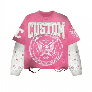 Camiseta de algodón de punto extragrande personalizada para hombre, de doble capa, manga larga, con gráfico de diamantes de imitación, efecto desgastado y lavado sucio, estilo urbano. - Product Image 1