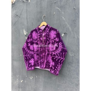 Chaqueta de terciopelo morado con cuello mandarín y bordado floral, manga larga, ropa de abrigo de otoño, blazer elegante para mujer - Product Image 4