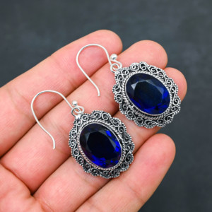 Customised London Blue Topaz LAB-CREATED 925 Sterling Silver <b>Earrings</b> 1.9" Handmade Gemstone Jewelry Antique <b>Fine</b> <b>Earring</b> Gift - Product Image 4
