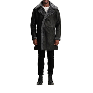 <b>Men's</b> <b>Black</b> Genuine Leather Shearling Lapel Double Breasted Knee Length Overcoat - Product Image 3