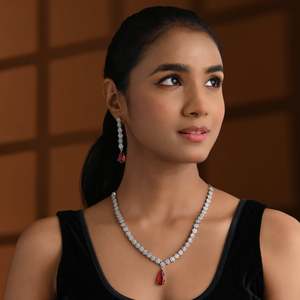 Platinum Plated Cubic Zirconia American Diamond <b>Bridal</b> <b>Jewelry</b> <b>Set</b> for Women-Necklace & Earrings - Product Image 1