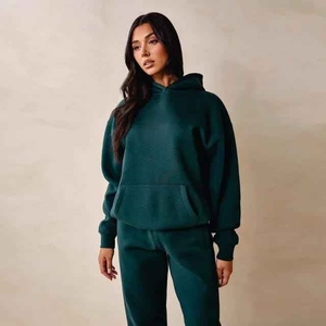Conjunto Deportivo con Capucha para Mujer, Talla Grande, Color Verde Sólido, 100% Algodón, Manga Larga, Sudadera Informal con Bolsillos Laterales, Otoño - Product Image 3