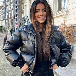 Black PU Puffer <b>Jacket</b> Stand Collar Zipper Closure Quilted Windproof Short Winter Coat Casual Unisex Thick Filling - Product Image 2