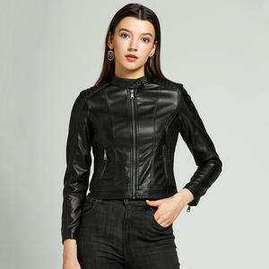 Chaqueta de Moto de Cuero PU Marrón para Mujer, Cuello Alto, Manga Larga, Cierre de Cremallera, Color Sólido, para Otoño - Product Image 4