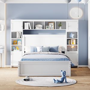 White <b>Twin</b> Size Trundle Bed with All-in-One Cabinet & Shelf Full Size Wooden Kids' Bed with <b>Sockets</b> - Product Image 3