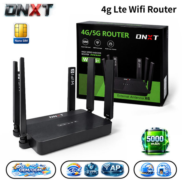 DNXT Router with Sim Card WiFi 6 2.4GHz Modem Wifi Portatil 4g AP Mode VPN Les Routeurs 5000mAh Cat4 Wifi Router New Office Use