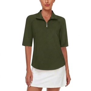 Chemise de golf pour femme, couleur unie, col zippé, manches courtes, logo imprimé sur le devant, respirante, en polyester tricoté, séchage rapide, haut sportif - Product Image 3