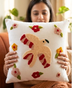 Delicate and Playful Floral-Bird Patterned <b>Cushion</b> <b>Cover</b> with Rich Textured Details - Product Image 5