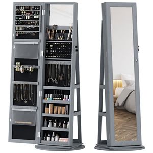Armadio Portagioie Girevole a 360 Gradi Grigio con Specchio a Figura Intera e Ripiani Portaoggetti, Chiudibile a Chiave - Product Image 1