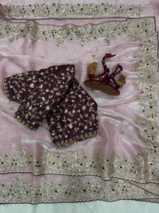 Élégant Spark Pure pour Saree en Satin, Beauté Royale à Sequins, C-Pallu, Broderie Queen Cutwork, Vêtement Ethnique Indien pour Femme, Tenue de Fête, Reglance - Product Image 1