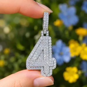 Iced Out Number 4 Moissanite Pendant 925 Sterling <b>Silver</b> Luck Pendant Jewelry - Product Image 1