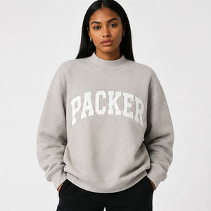 เสื้อสเวตเชิ้ตคอกลมสีเบจสำหรับผู้หญิง พิมพ์ลายตัวอักษร Packer ผ้าฝ้ายถักทรงโอเวอร์ไซส์ สไตล์วาร์ซิตี้แบบพรีปปี้สำหรับฤดูหนาว คอเต่า - Product Image 6