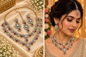 Ensemble collier et boucles d'oreilles en laiton plaqué or Kundan, bijoux de mariage inspirés des perles géométriques pour femmes - Product Image 3