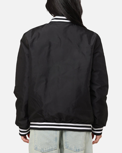<b>Women</b> Varsity <b>Jacket</b> <b>Black</b> Solid Color Contrast Trim Full Sleeve Button Up Collar Polyester Material Autumn Wear - Product Image 3