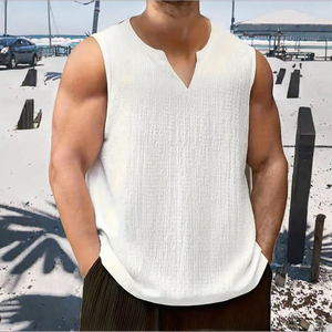 Men's <b>White</b> V-Neck Sleeveless <b>Tank</b> <b>Top</b> Casual Knitted Cotton Breathable Solid Color - Product Image 4