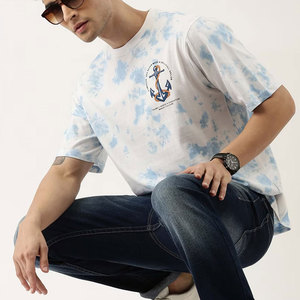 T-shirt à manches courtes pour homme, bleu tie-dye, avec imprimé ancre, col rond, coupe classique, style décontracté, tissu tricoté 100% coton - Product Image 4