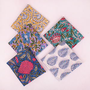 All Seasons Hand Block Printed Poplin Cotton Floral & Color Blocking Pattern Eco-Friendly Breathable <b>Tie</b>-<b>Back</b> Bandana for Adults - Product Image 2