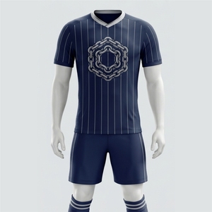 Premium Blue V-Neck Soccer Jersey Short Set Striped Pattern Moisture Wicking Polyester Men's Adult All Season <b>Athletic</b> Wears - Product Image 1
