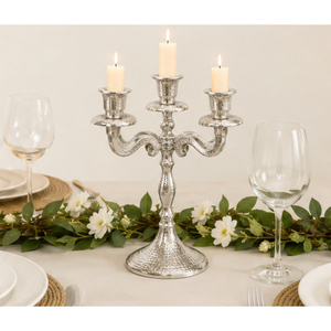 En gros, Candelabre vintage argenté à 5 bras en aluminium martelé, Centre de table en métal pour décoration de mariage de luxe - Product Image 4