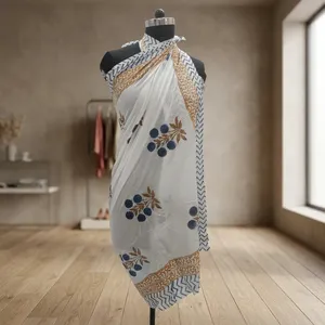 White Blue Floral Hand Block Printed Cotton Sarong Scarf with Mustard Border Lightweight <b>Beach</b> <b>Wrap</b> Stole for Women - Product Image 3