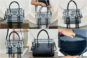 กระเป๋าถือหนังมีขอบลายหมากรุกสีดำและสีขาวสำหรับผู้หญิงกระเป๋าโท้ทสไตล์ตะวันตกทันสมัย - Product Image 3