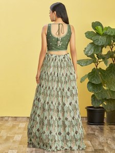 Green Floral Embroidered Chiffon Lehenga Set Sleeveless Crop <b>Top</b> Natural Waist A-Line Pleated Skirt Net Dupatta Banquet <b>Wedding</b> - Product Image 2