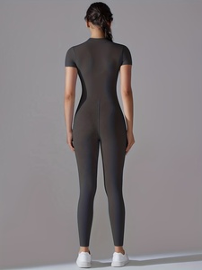 Mono de yoga de manga corta para mujer, de color liso, cintura alta, con cremallera, minimalista, transpirable, de elastano y poliéster, ajuste ceñido de largo completo - Product Image 3
