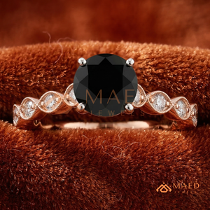 Anillo de compromiso vintage de oro rosa de 2 quilates con moissanita negra de corte brillante redondo y anillo de boda de oro blanco de 14 quilates con corte marquesa para mujer - Product Image 1