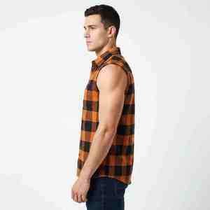 Camisa de Franela a Cuadros para Hombre, Corte Holgado, 100% Algodón, Ligera, Sin Mangas, Color Naranja y Negro, Cuello Camisero, Transpirable - Product Image 4