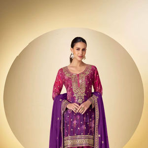 Traje Salwar Chinon con Estampado Digital y Bordado, Completamente Cosido, con Dupatta, Kurta con Palazzo y Dupatta - Product Image 1