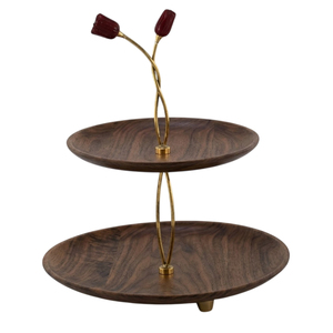 Luxurious <b>3</b>-<b>Tier</b> Wooden <b>Cake</b> <b>Stand</b> With Gold Branch Accent Elegant Walnut Finish Dessert Display For Weddings & Home Decoration - Product Image 6