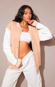 Women's Peach Varsity <b>Jacket</b> With <b>White</b> Sleeve Solid Color Preppy Style Button Up Collar Full Sleeve Regular Fit Autumn Wear - Product Image 5