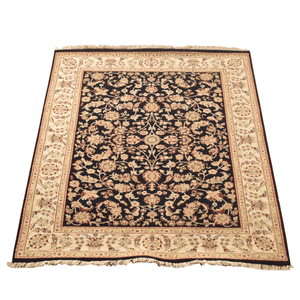 Tapis d'intérieur bleu marine à motifs floraux noué à la main, à poils ras, résistant aux taches, en laine de Nouvelle-Zélande - Product Image 1
