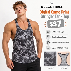 Camiseta Deportiva sin Mangas para Hombre, Estampado de Camuflaje Digital, Cuello Redondo, Espalda Cruzada, Ligera, de Algodón y Poliéster - Product Image 1