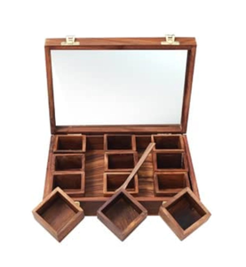 Caja de especias de madera de diseño moderno con 9 compartimentos y revestimiento de color madera natural, con cuchara. - Product Image 5