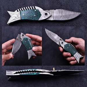 Cuchillo Plegable de Acero de Damasco con Hoja de Punta Caída y Apertura con Perilla, Cuchillo de Camping - Product Image 4