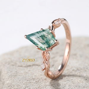 Anillo de compromiso de ágata musgosa con corte cometa, oro macizo de 10K, anillo de boda con diseño de hoja inspirado en la naturaleza para mujer - Product Image 4